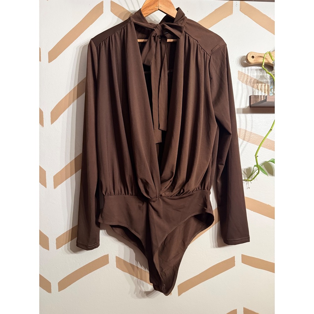 Cider Bodysuit Women XL Brown Deep V Neck Tie Neck Long Sleeve CD20240627504551C